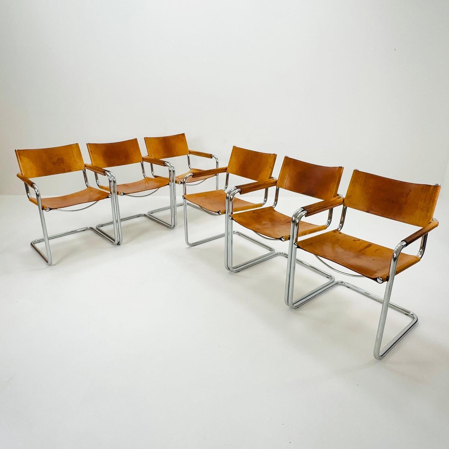 Set of 6 Mid century armchairs Matteo Grassi Mg5 leather cantilevered by Mart Stam italy 1980s
