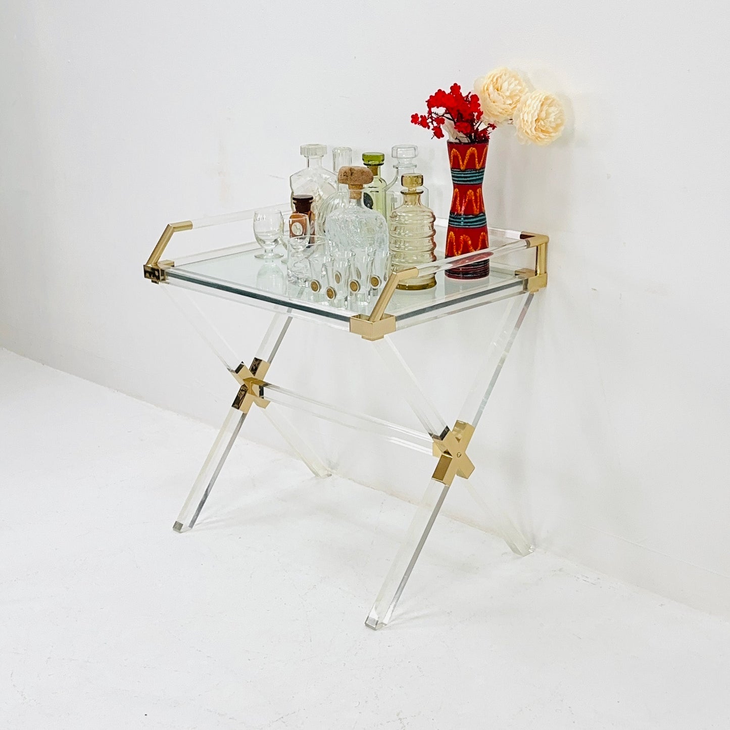 Mid century Hollywood Regency Charles Hollis Jones Large Lucite Brass Bar Table 1970s