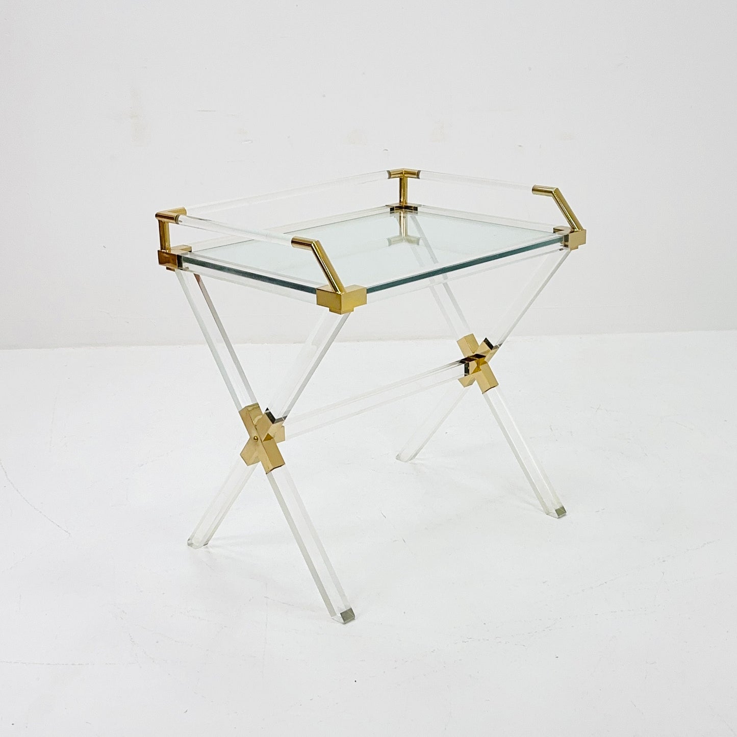 Mid century Hollywood Regency Charles Hollis Jones Large Lucite Brass Bar Table 1970s