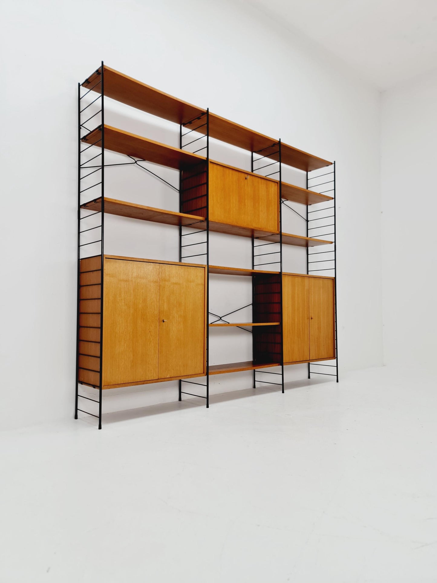 String shelf-system, bookcase with bar cabinet teak by WHB Germany, 1950s