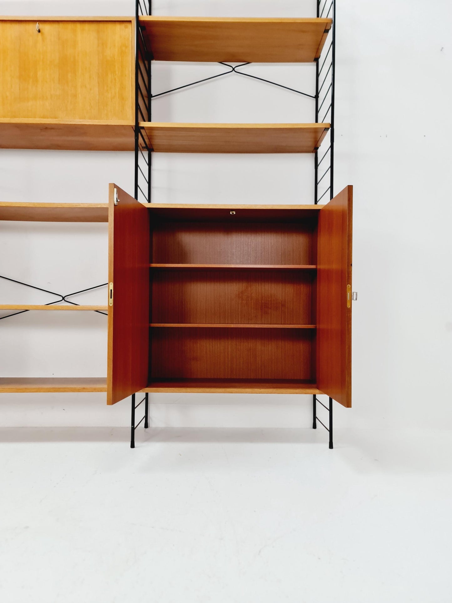 String shelf-system, bookcase with bar cabinet teak by WHB Germany, 1950s
