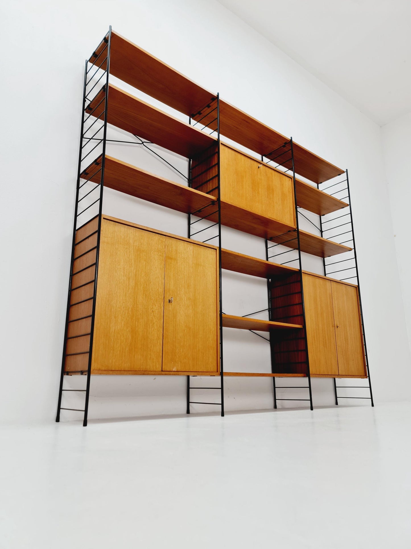 String shelf-system, bookcase with bar cabinet teak by WHB Germany, 1950s