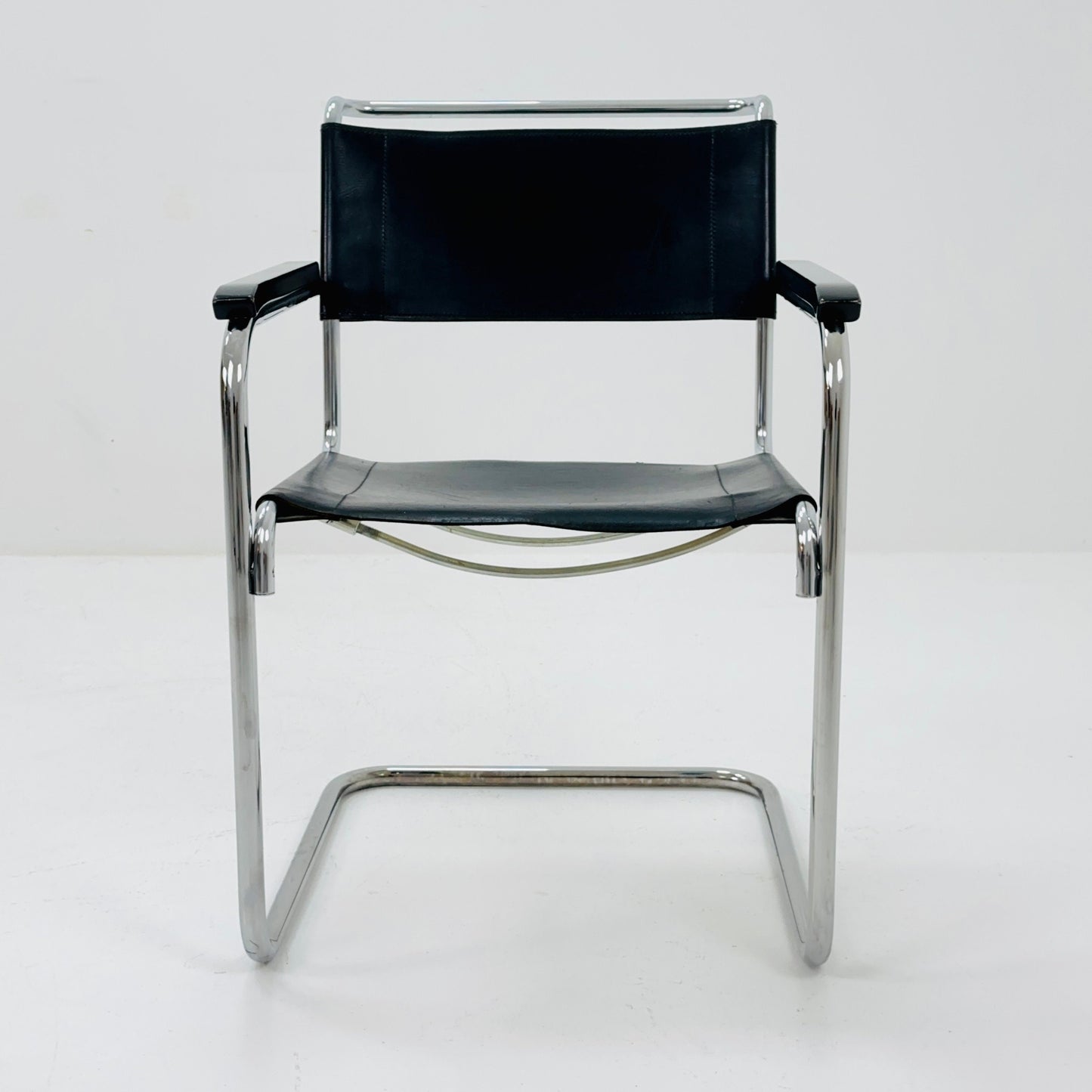 Mid century Bauhaus black leather iconic S34 armchair by mart Stam for Thonet 1980s