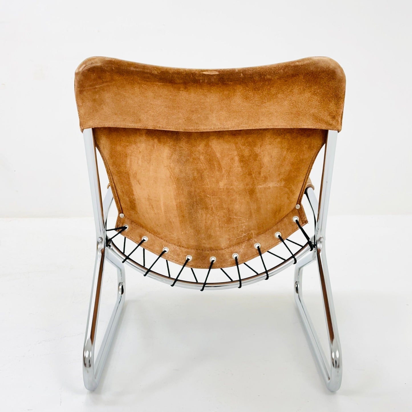 Mid century easy Sling Lounge Chair in alcantara Nubuck cognac leather by Lusch & Co West Germany 1980s