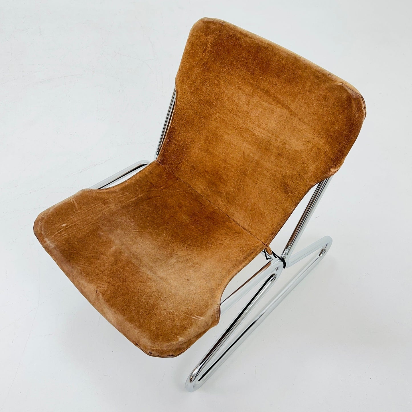 Mid century easy Sling Lounge Chair in alcantara Nubuck cognac leather by Lusch & Co West Germany 1980s