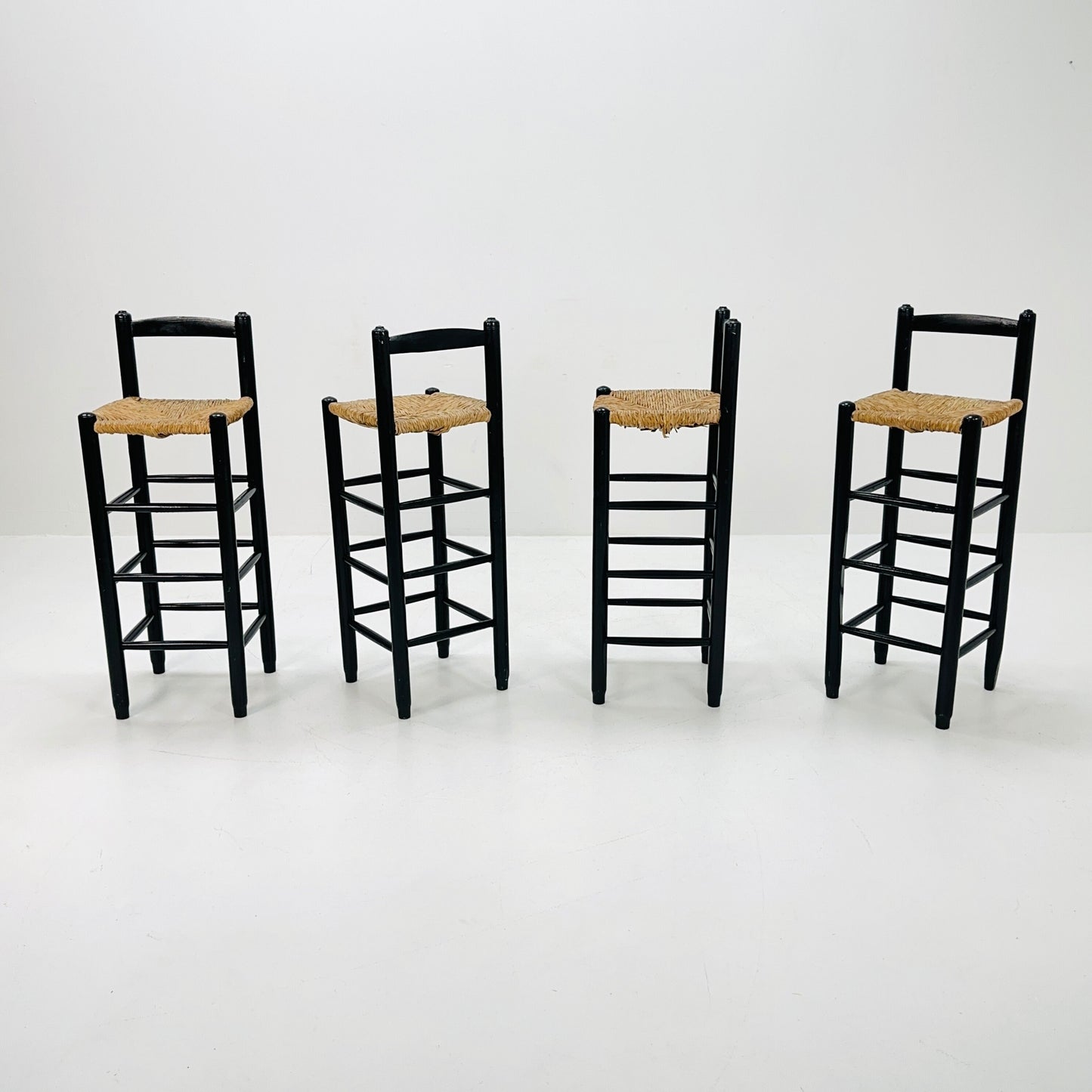 set of 4 Mid century wood/wicker bar stools , 1960s, Italy