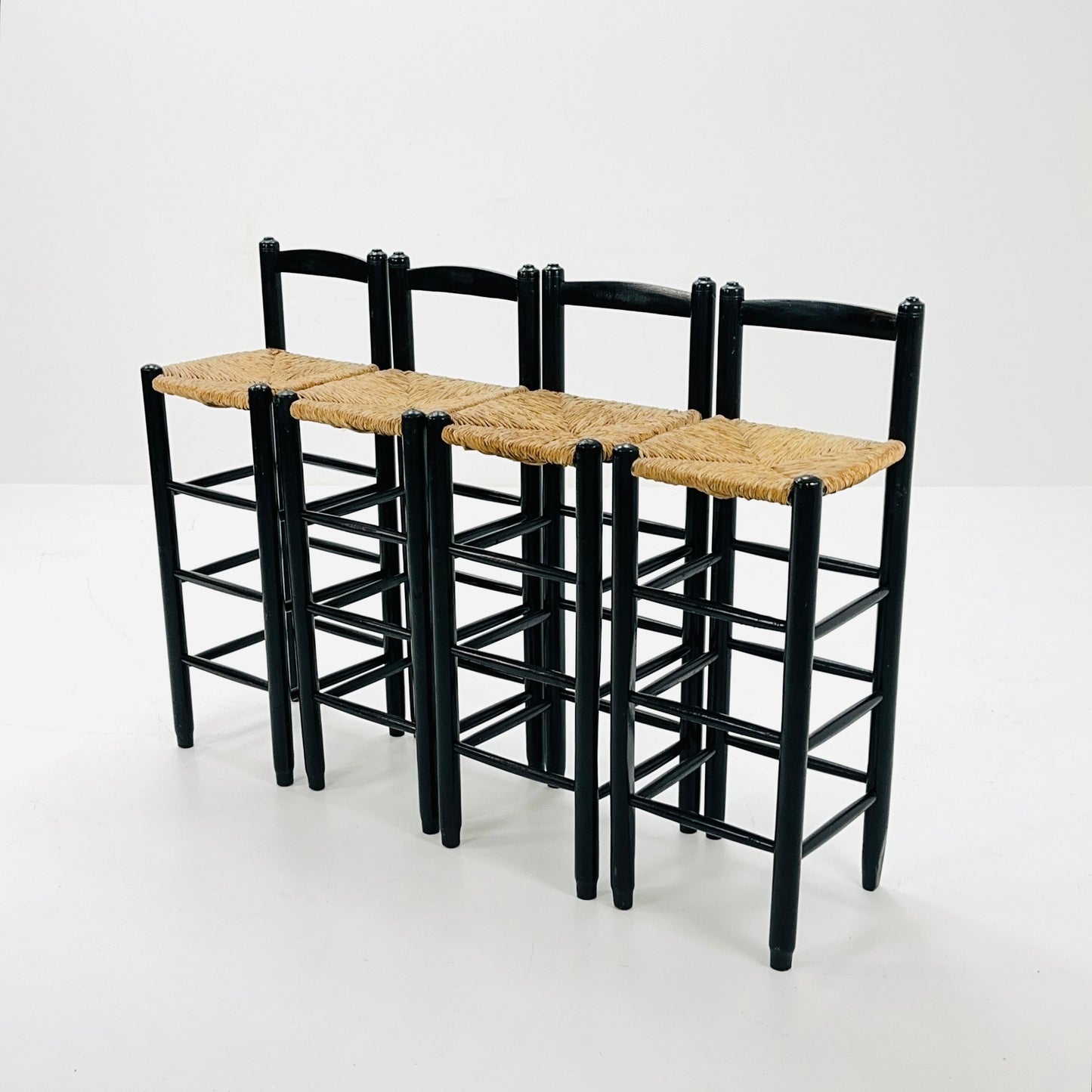 set of 4 Mid century wood/wicker bar stools , 1960s, Italy