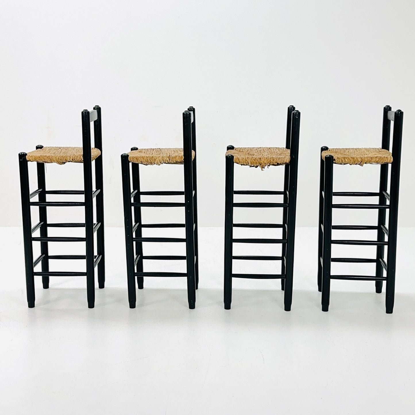 set of 4 Mid century wood/wicker bar stools , 1960s, Italy