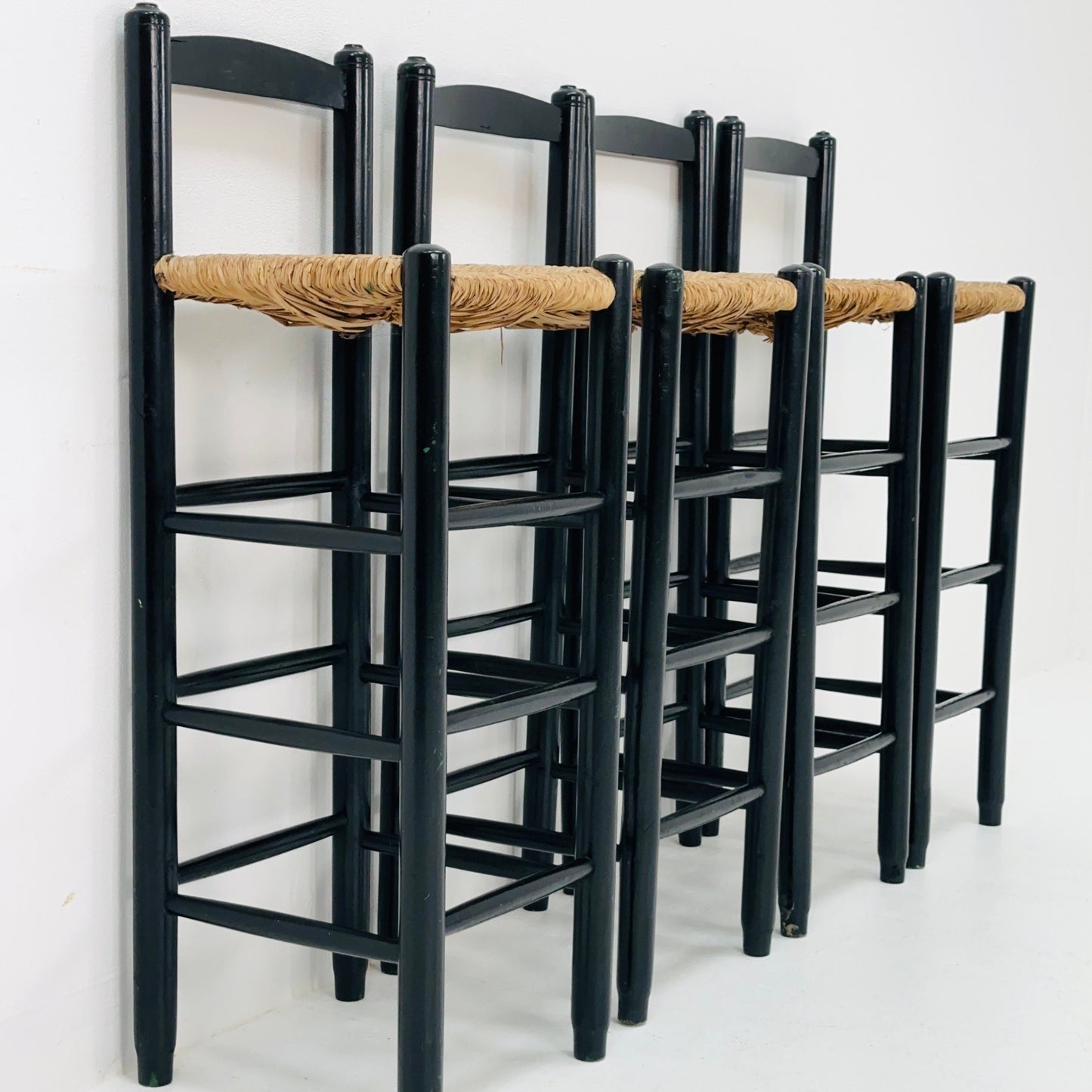 set of 4 Mid century wood/wicker bar stools , 1960s, Italy