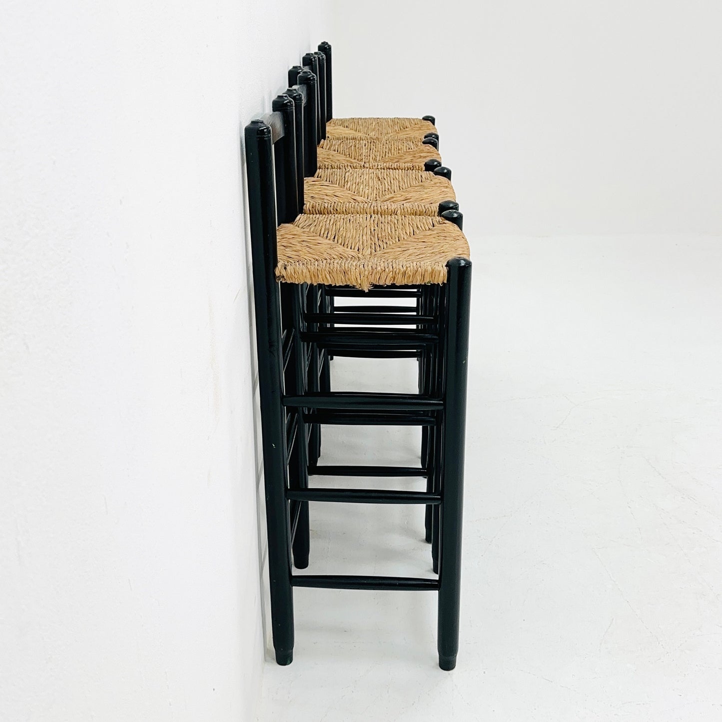 set of 4 Mid century wood/wicker bar stools , 1960s, Italy