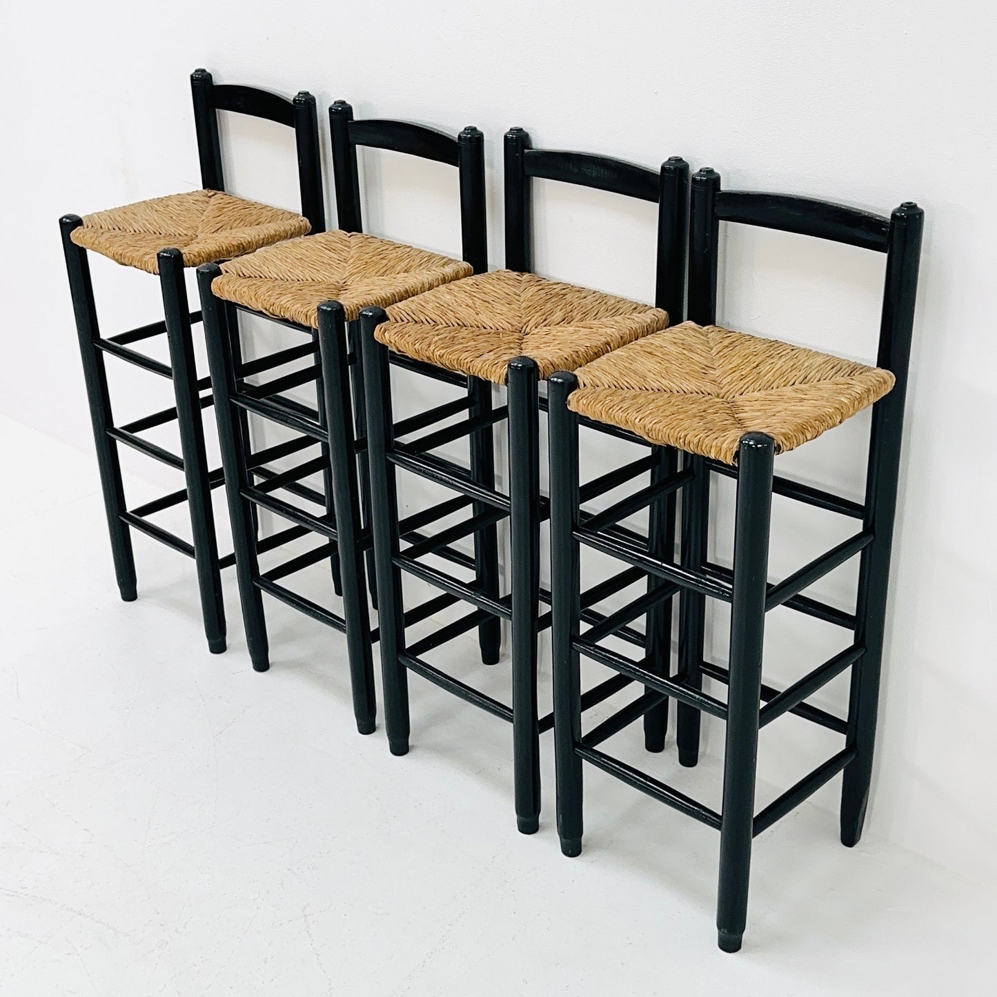 set of 4 Mid century wood/wicker bar stools , 1960s, Italy
