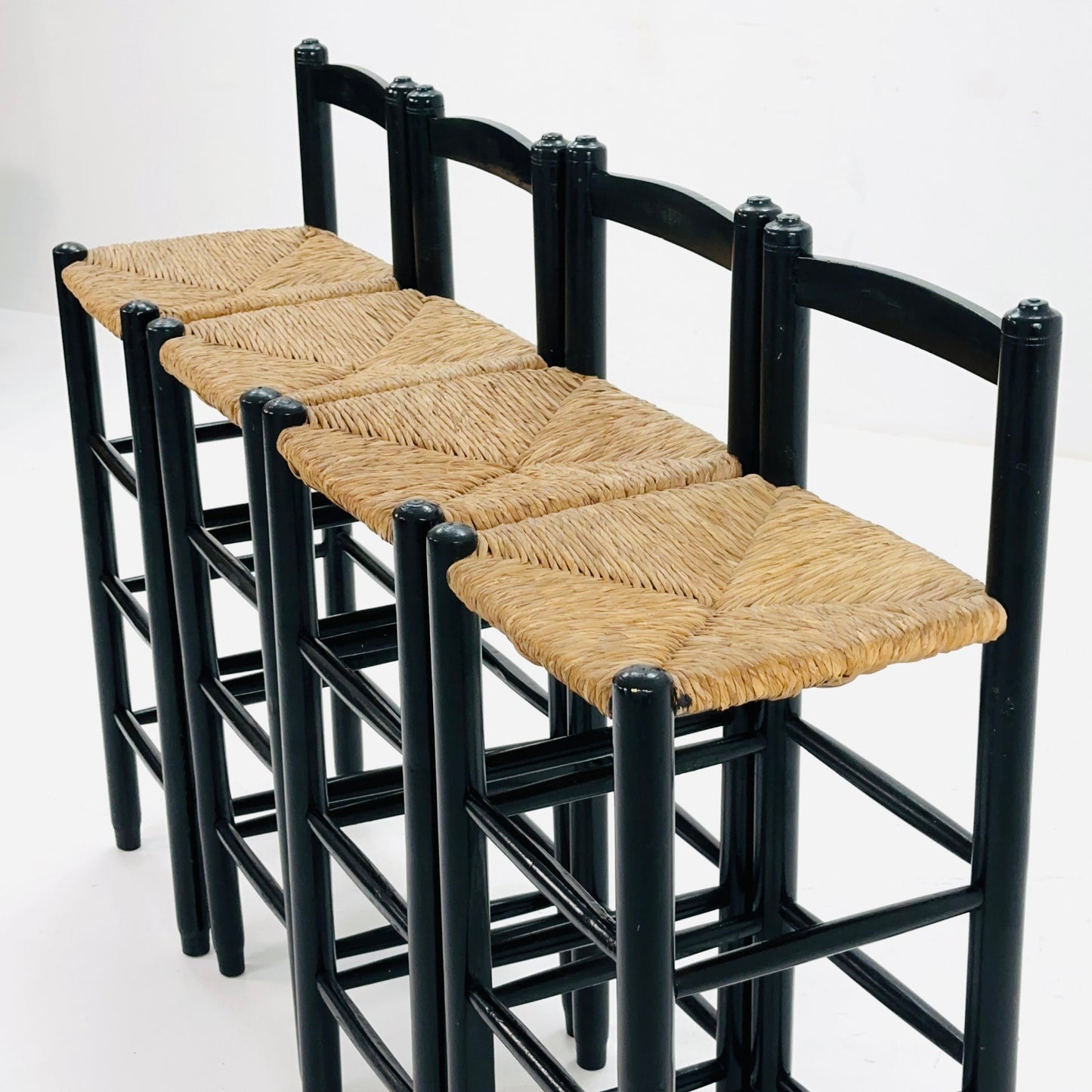 set of 4 Mid century wood/wicker bar stools , 1960s, Italy