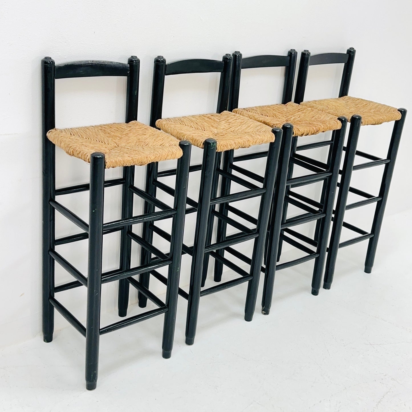 set of 4 Mid century wood/wicker bar stools , 1960s, Italy