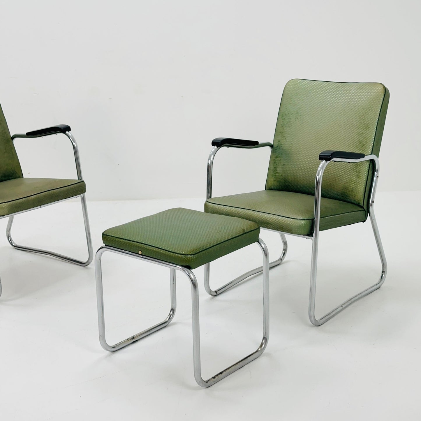 Mid century Original Mauser tubular steel armchairs and ottoman set 1940s Germany
