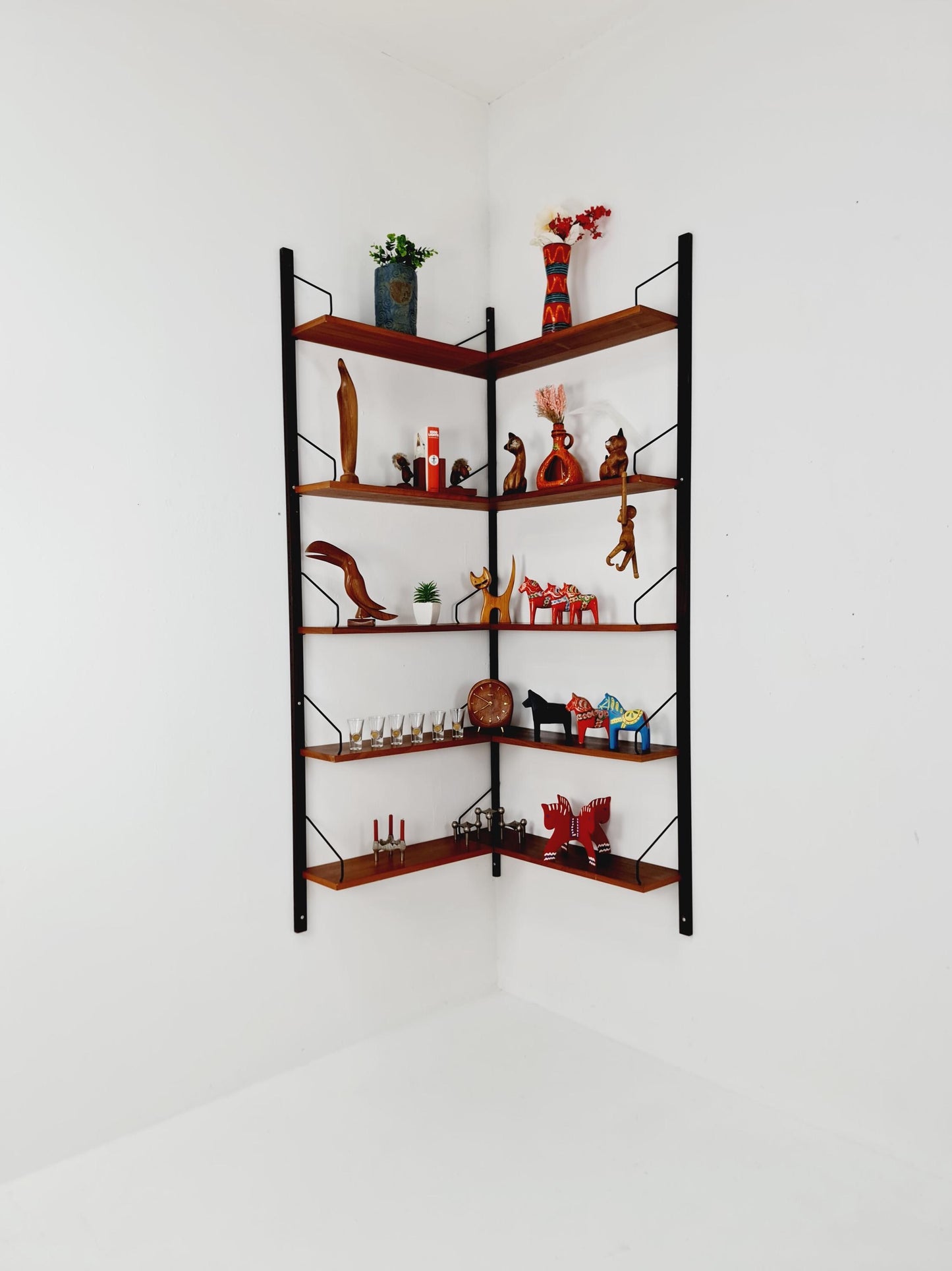 Midcentury Danish walnut Corner Wall-Mounted Shelving Unit, by Royal for Poul Cadovius, 1960s