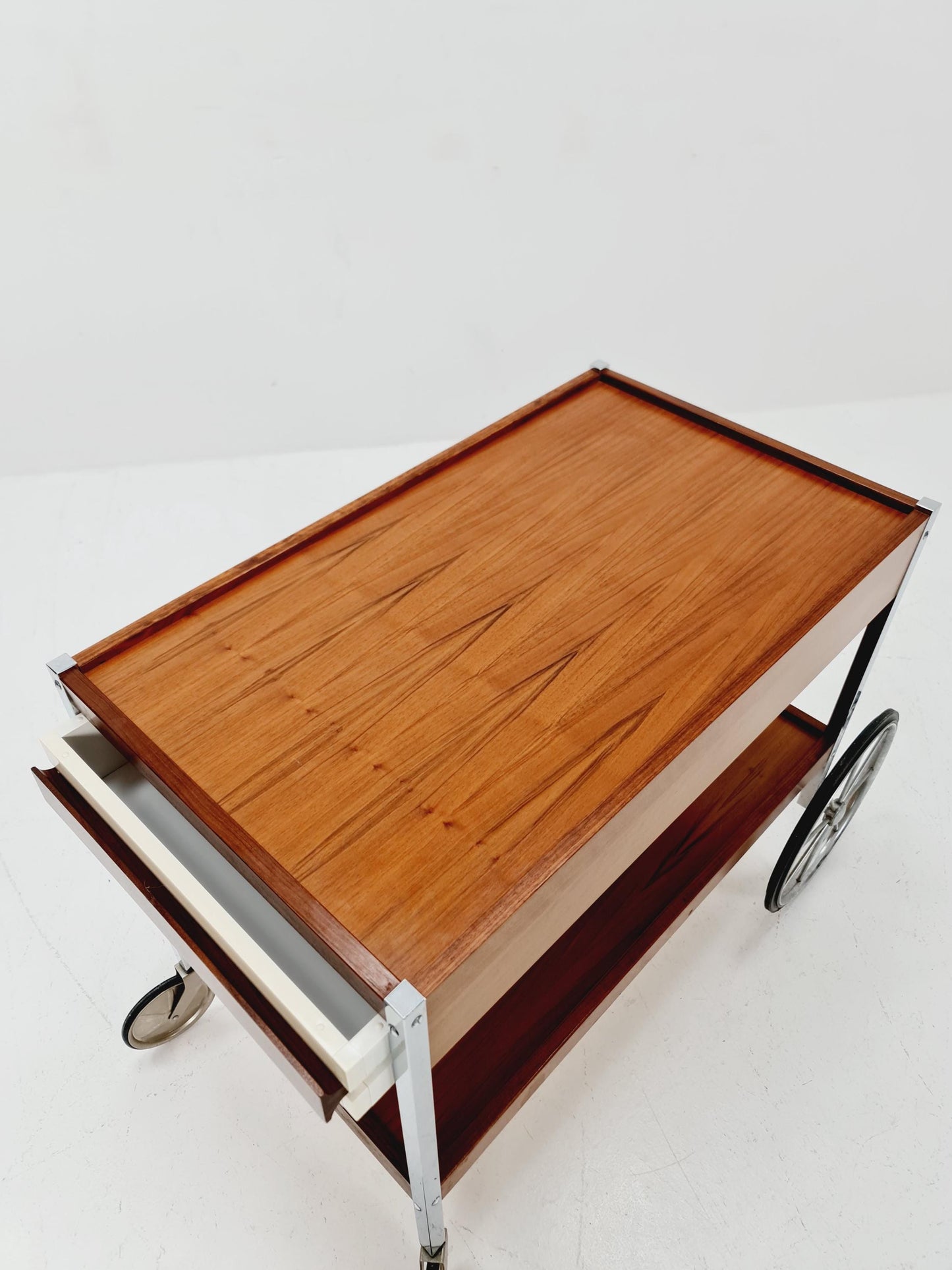 Vintage German BauHaus trolley bar cart in Rosewood & Chrome with drawer , 1960s