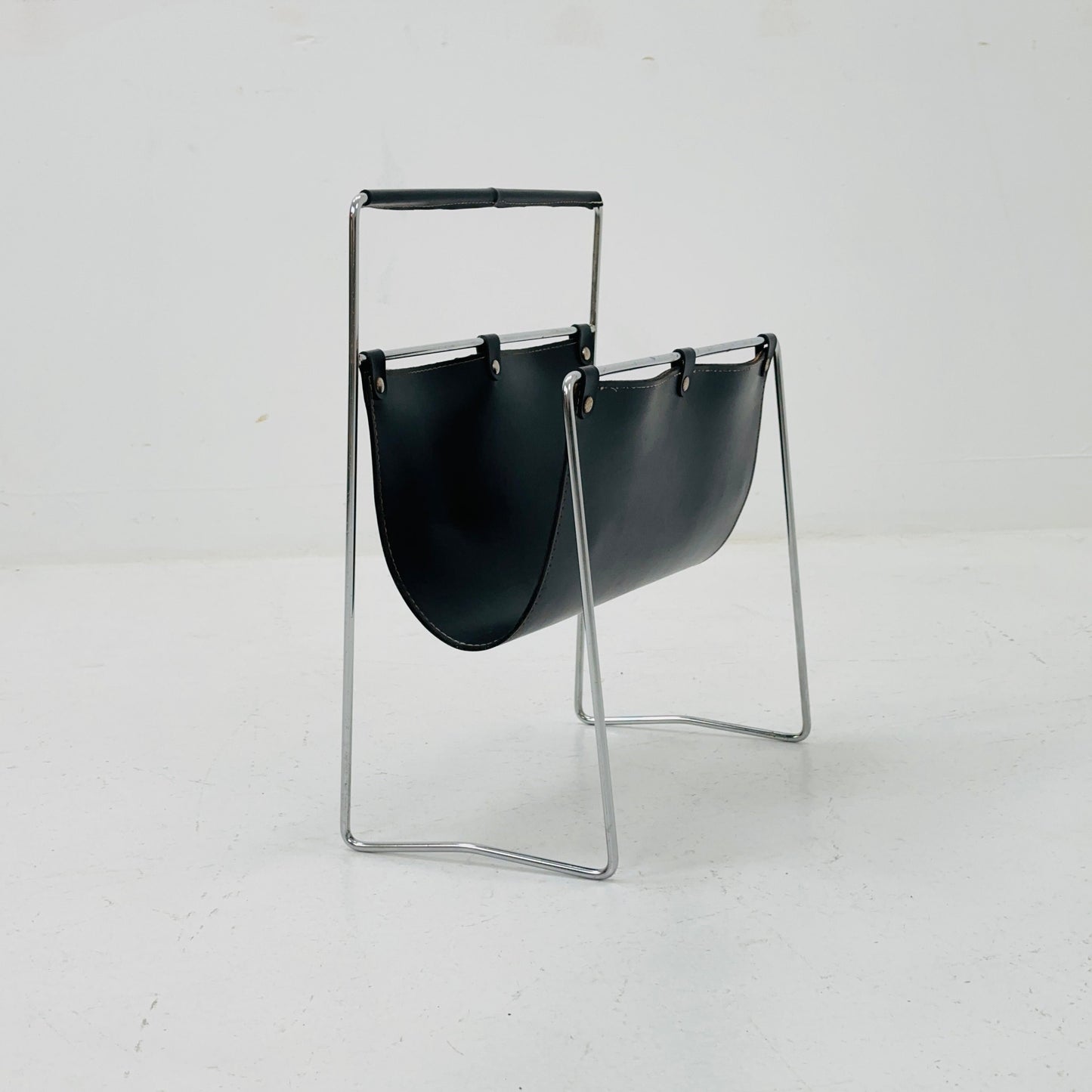 Mid century French Leather and Chrome Magazine Rack 1970s