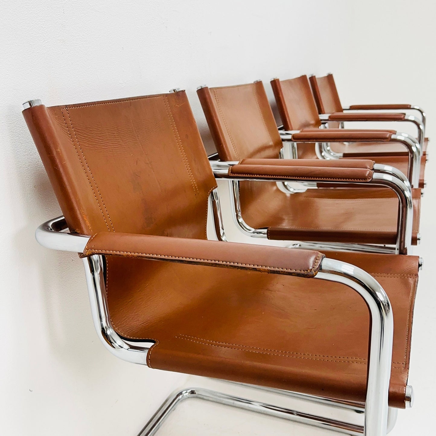 set of 4 Matteo Grassi original Bauhaus design Visitor model Chair cognac Leather 1970s