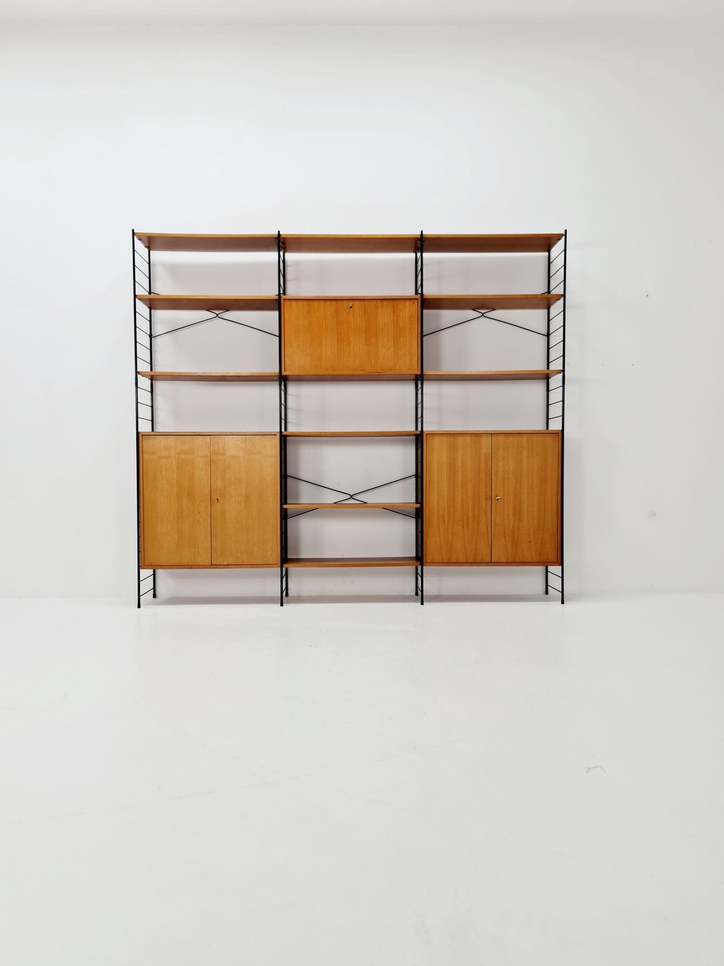 String shelf-system, bookcase with bar cabinet teak by WHB Germany, 1950s