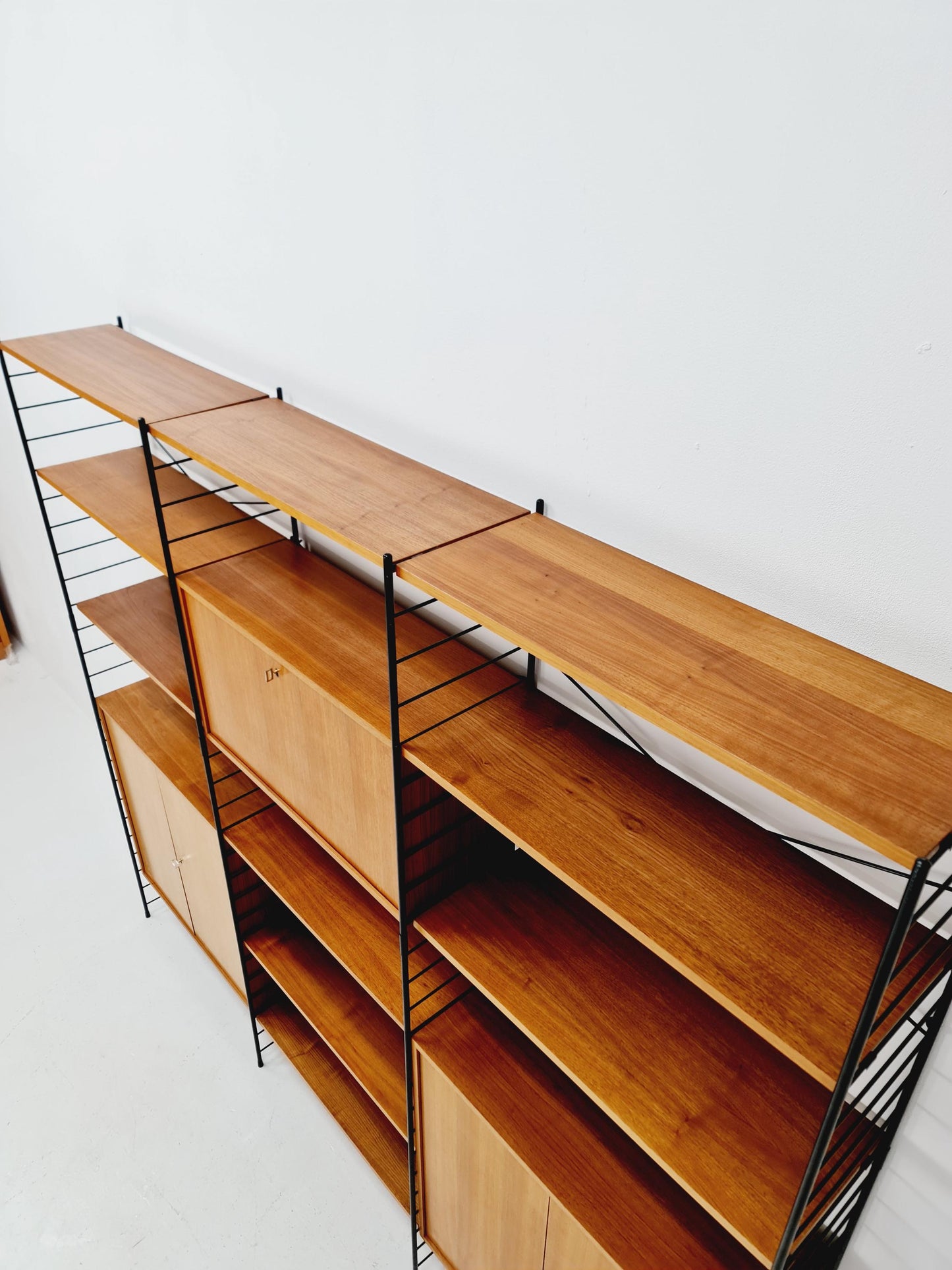 String shelf-system, bookcase with bar cabinet teak by WHB Germany, 1950s