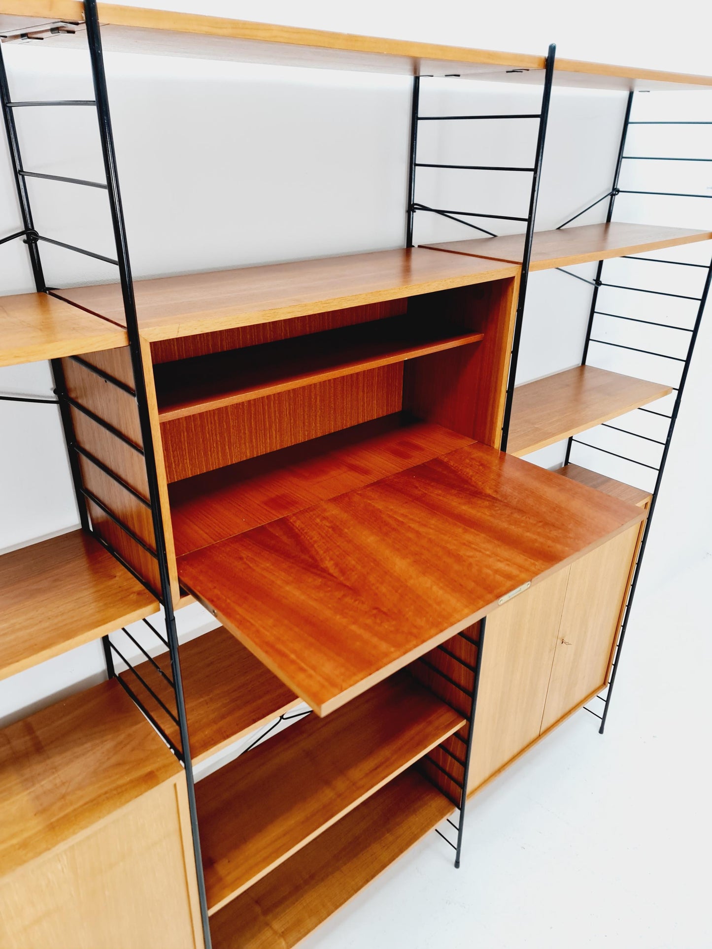 String shelf-system, bookcase with bar cabinet teak by WHB Germany, 1950s