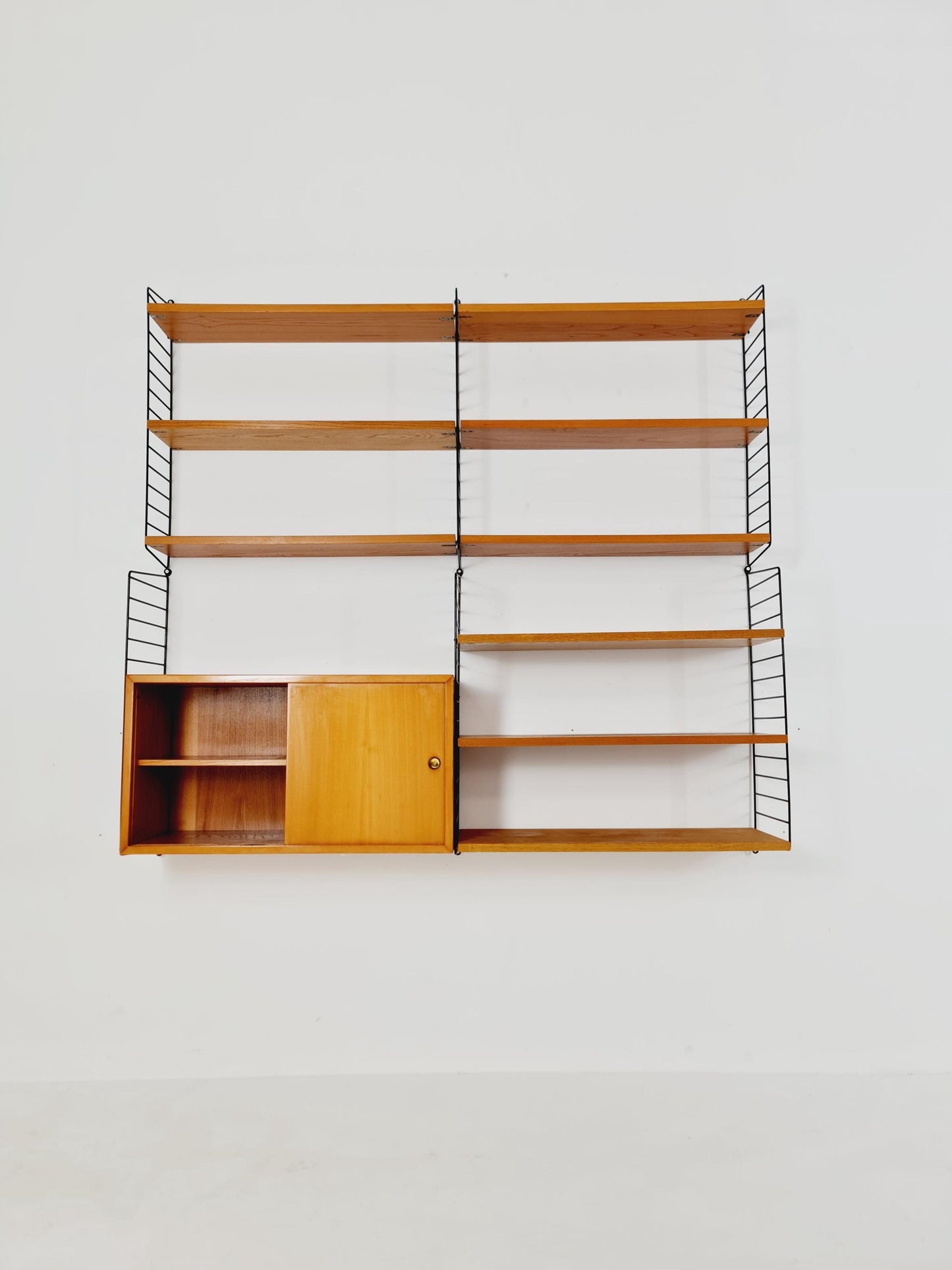 Wall-mounted original Swedish string shelf-system, drawers, bookcase Ash wood by Nils & Kajsa Strinning, 1960s