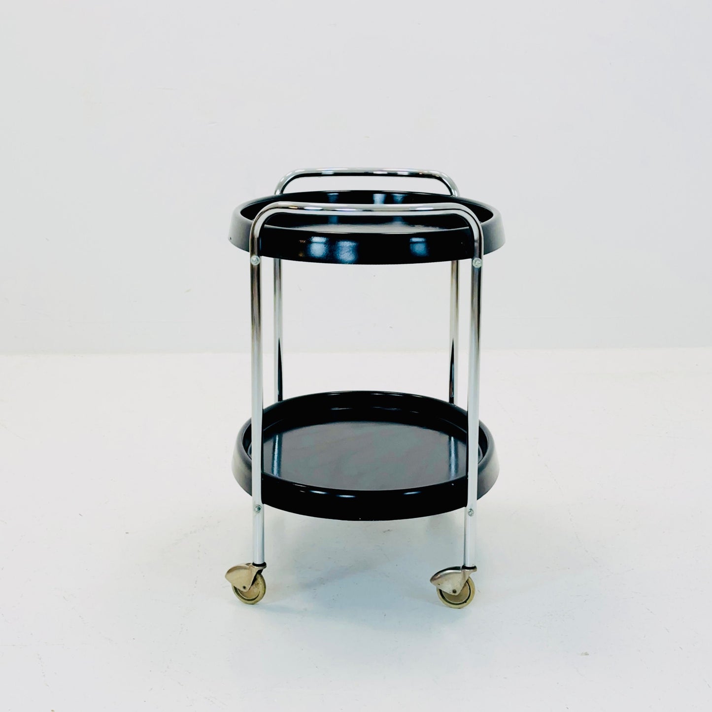 Space Age oval Vintage black Plastic Chromed Bar Cart/trolley 1970s, Italy