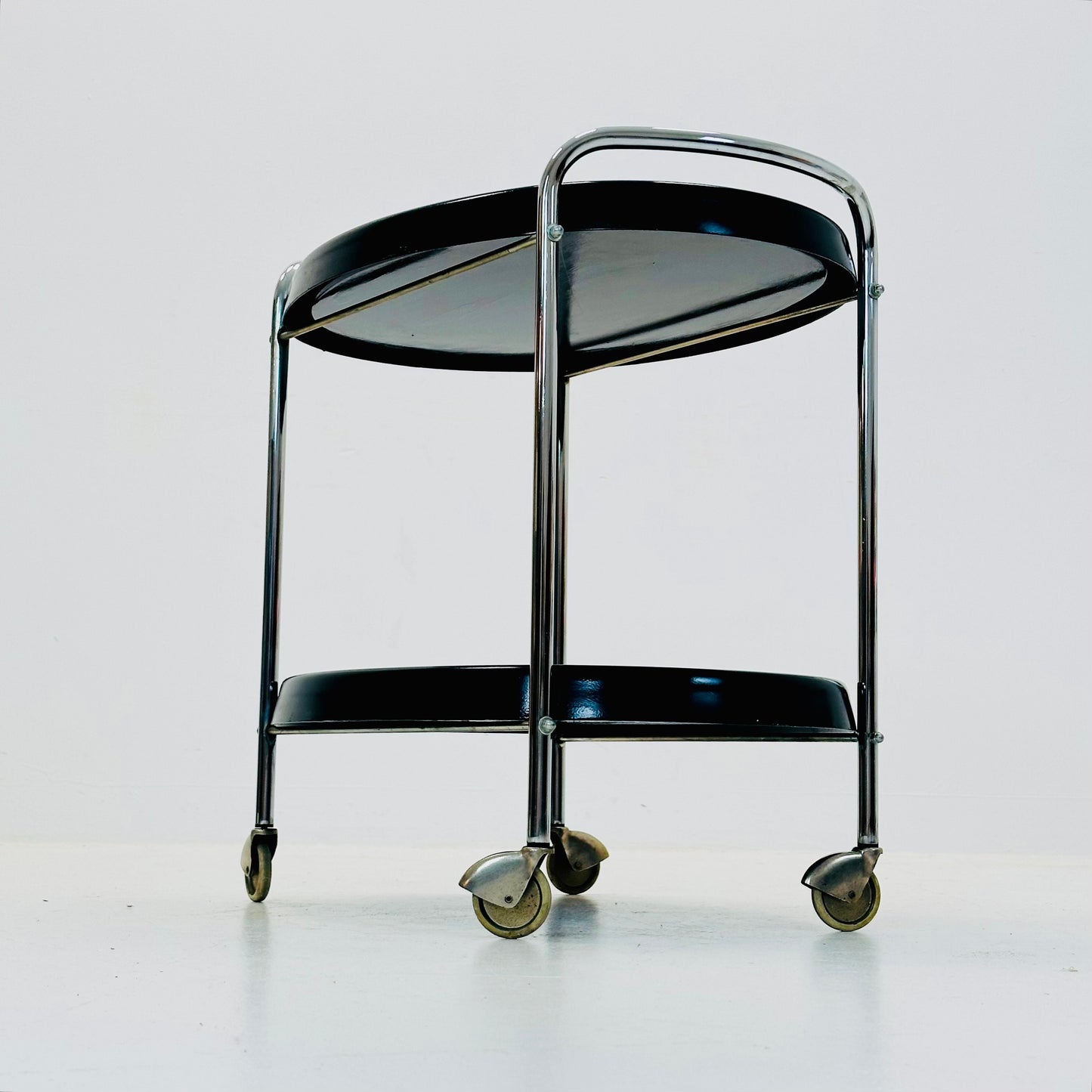 Space Age oval Vintage black Plastic Chromed Bar Cart/trolley 1970s, Italy