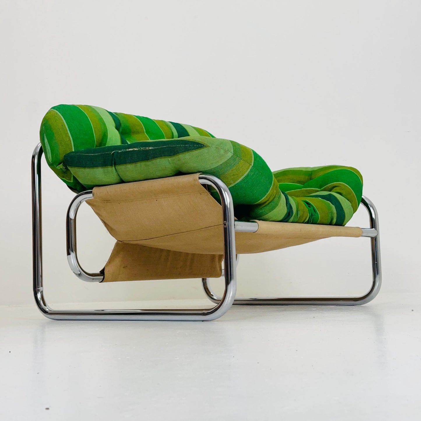 Mid century Postmodern Lounge Chair by Johan Bertil Häggström for Swed Form – Bold Green Striped Upholstery and Chrome Frame 1970s