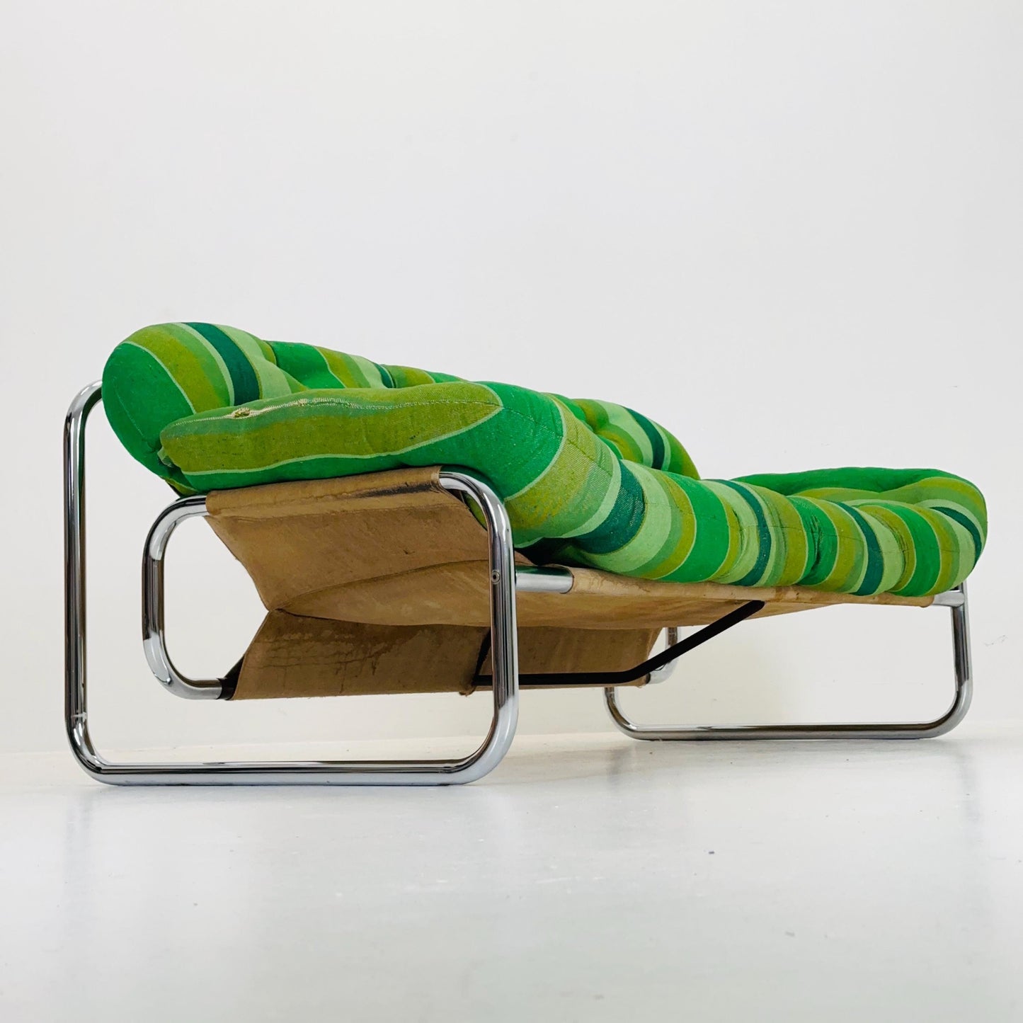 Mid century Postmodern Sofa by Johan Bertil Häggström for Swed Form – Green Striped Upholstery with Chrome Frame, 1974