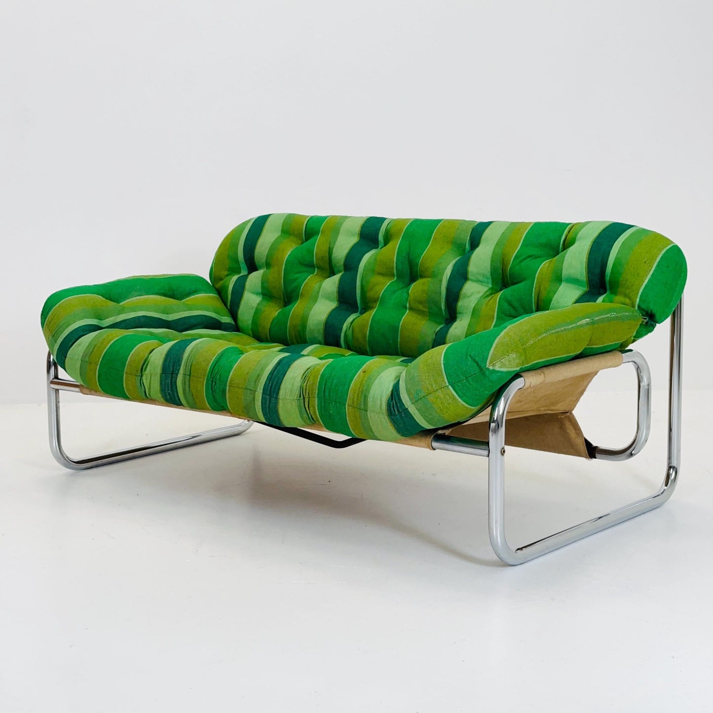 Mid century Postmodern Sofa by Johan Bertil Häggström for Swed Form – Green Striped Upholstery with Chrome Frame, 1974