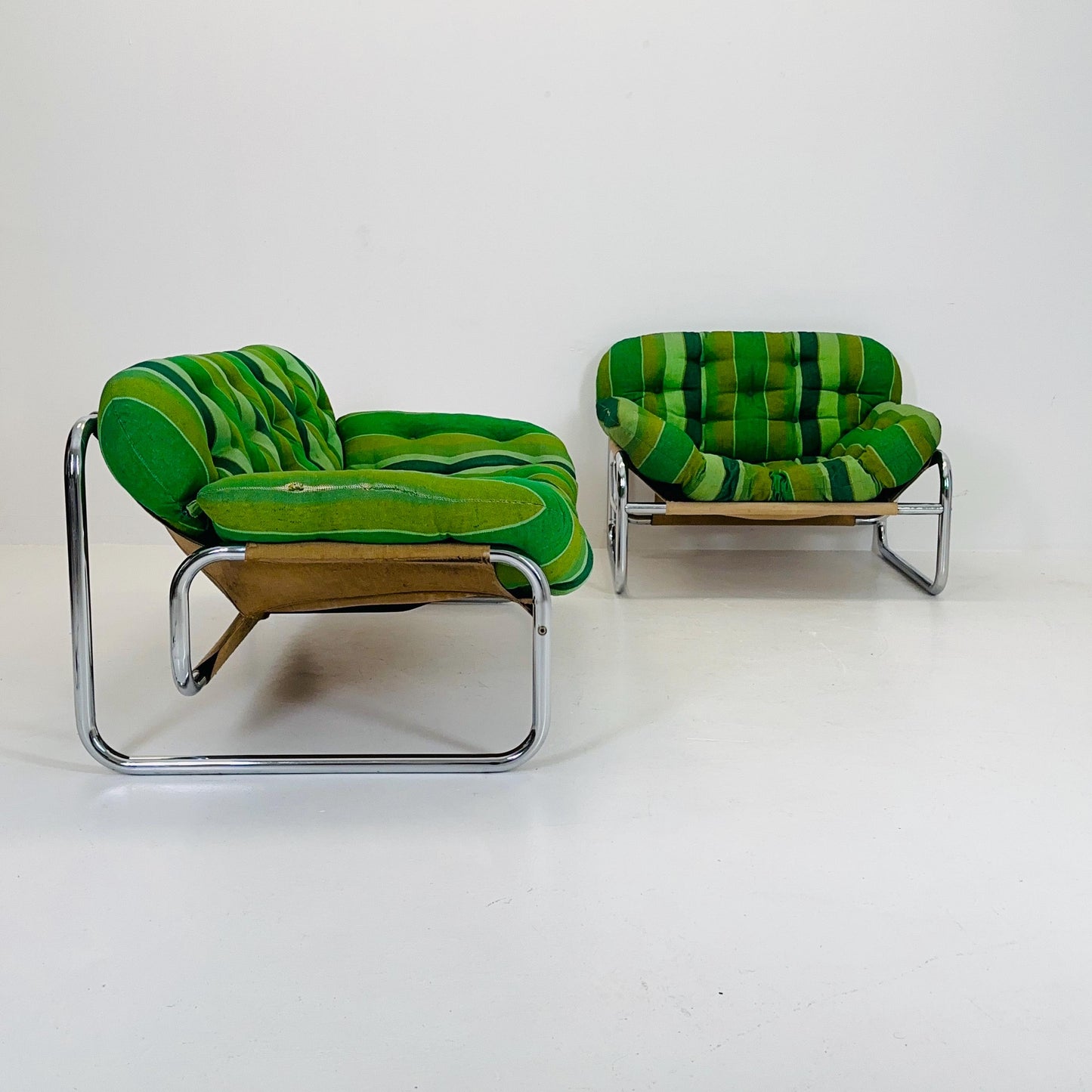 Rare Johan Bertil Häggström Sofa & Armchair Set for Swed Form – Iconic Green Striped Upholstery - Chrome Frame 1970s