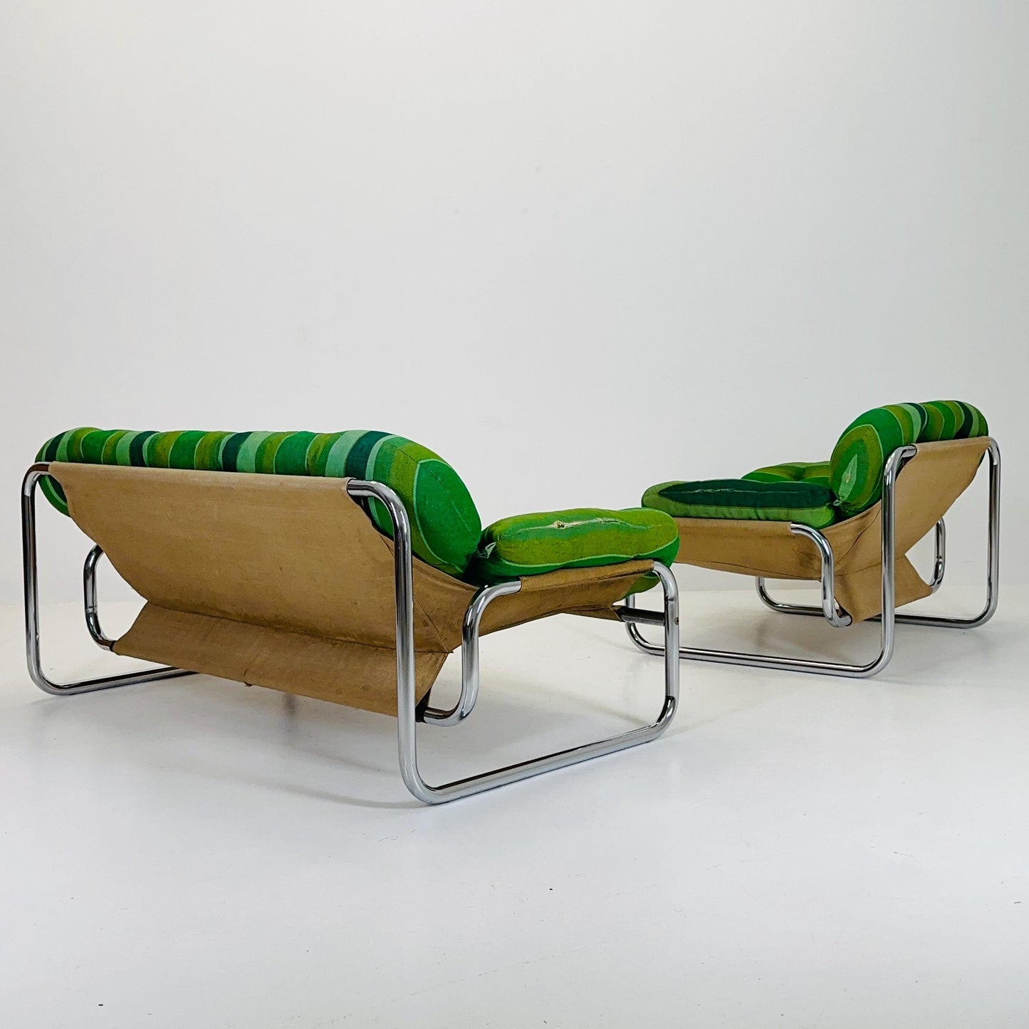 Rare Johan Bertil Häggström Sofa & Armchair Set for Swed Form – Iconic Green Striped Upholstery - Chrome Frame 1970s