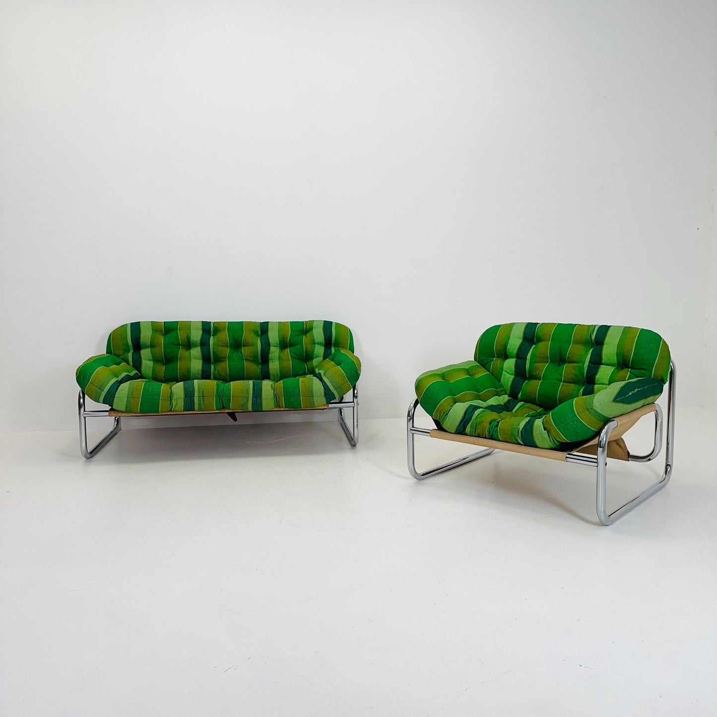 Rare Johan Bertil Häggström Sofa & Armchair Set for Swed Form – Iconic Green Striped Upholstery - Chrome Frame 1970s