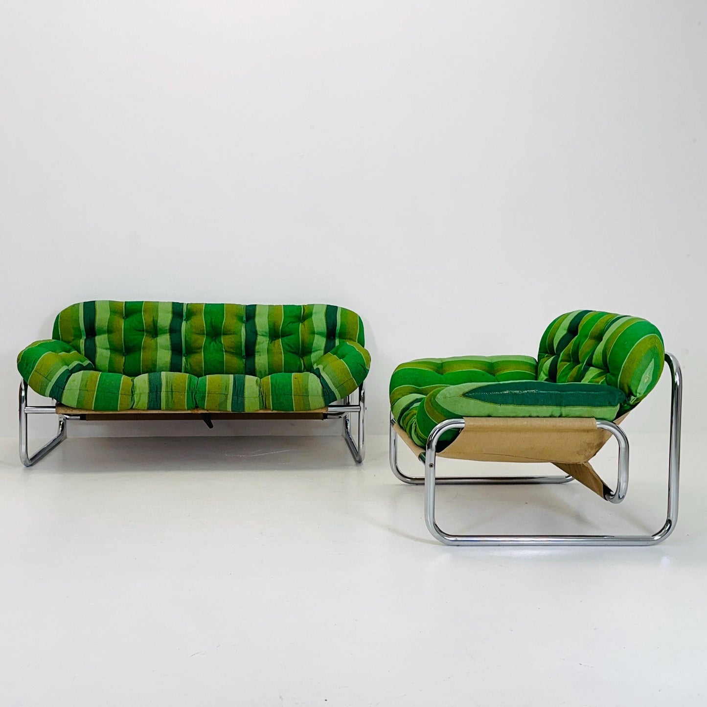 Rare Johan Bertil Häggström Sofa & Armchair Set for Swed Form – Iconic Green Striped Upholstery - Chrome Frame 1970s