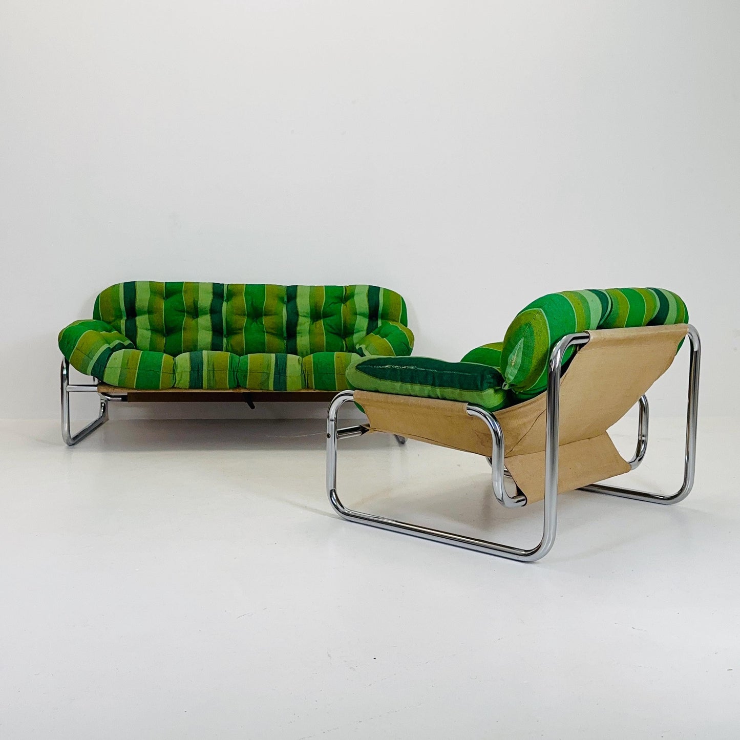 Rare Johan Bertil Häggström Sofa & Armchair Set for Swed Form – Iconic Green Striped Upholstery - Chrome Frame 1970s