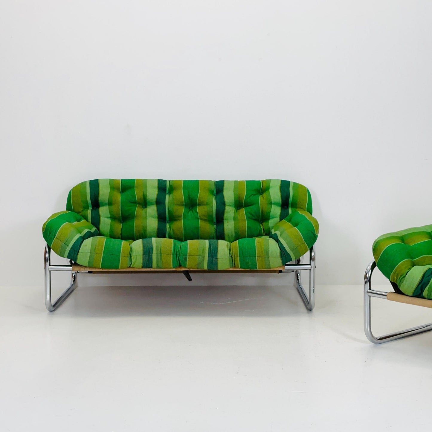 Rare Johan Bertil Häggström Sofa & Armchair Set for Swed Form – Iconic Green Striped Upholstery - Chrome Frame 1970s