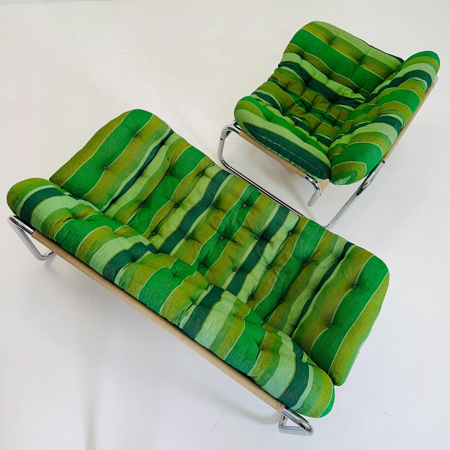 Rare Johan Bertil Häggström Sofa & Armchair Set for Swed Form – Iconic Green Striped Upholstery - Chrome Frame 1970s