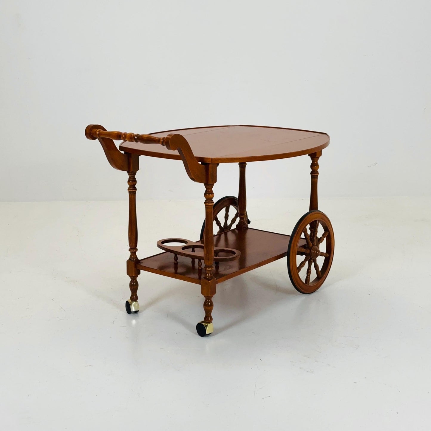 Vintage French Wooden Bar Cart with Drop-Leaf Sides and Rolling Wheels 1960s