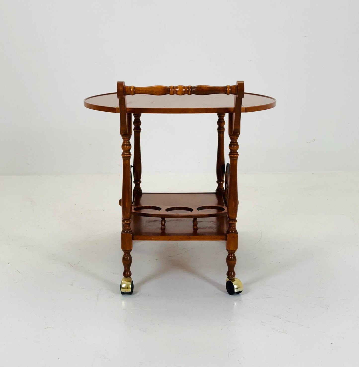 Vintage French Wooden Bar Cart with Drop-Leaf Sides and Rolling Wheels 1960s