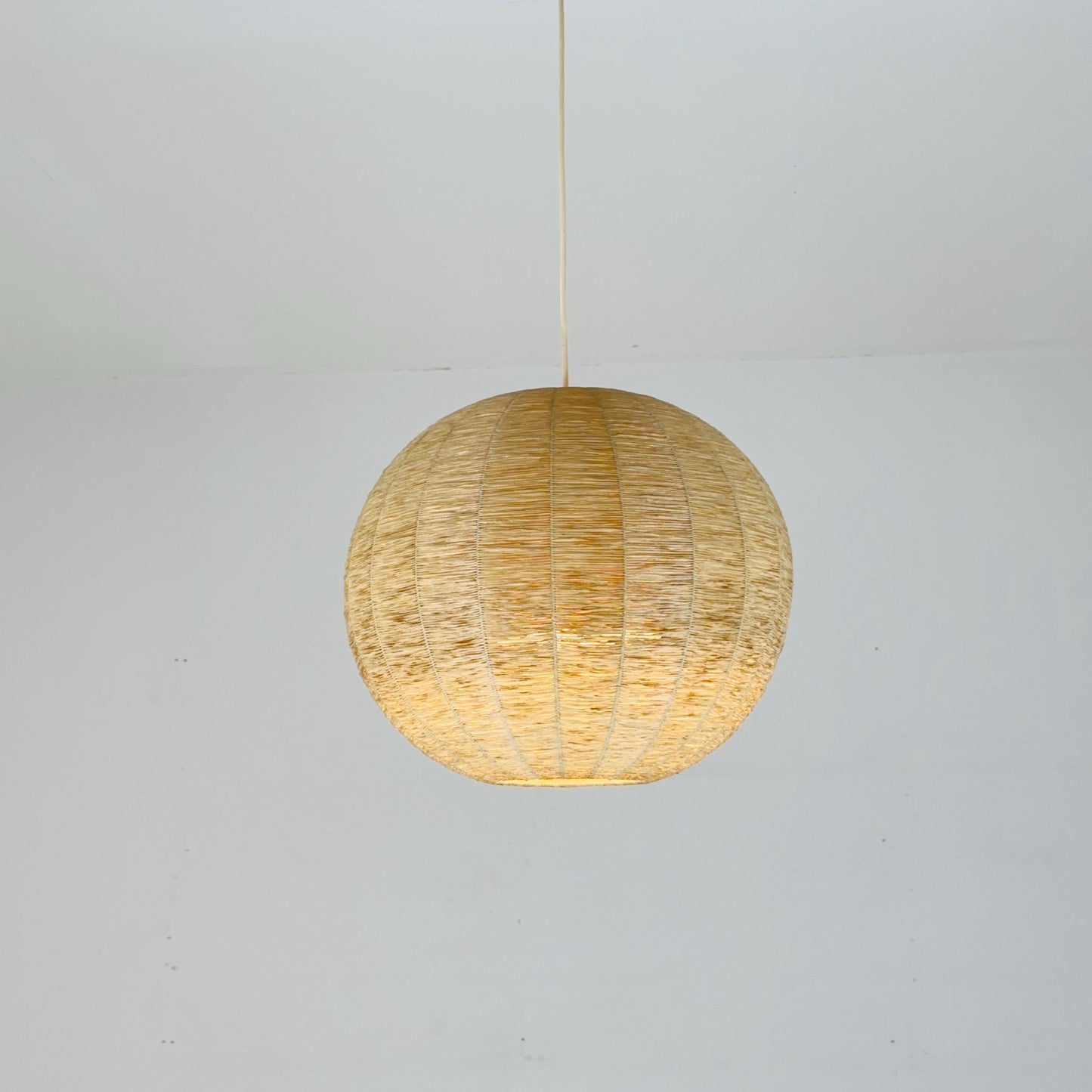 Vintage 1970s Cocoon Raffia Ball Lamp, Large Mid-Century Natural Fiber Pendant Light”