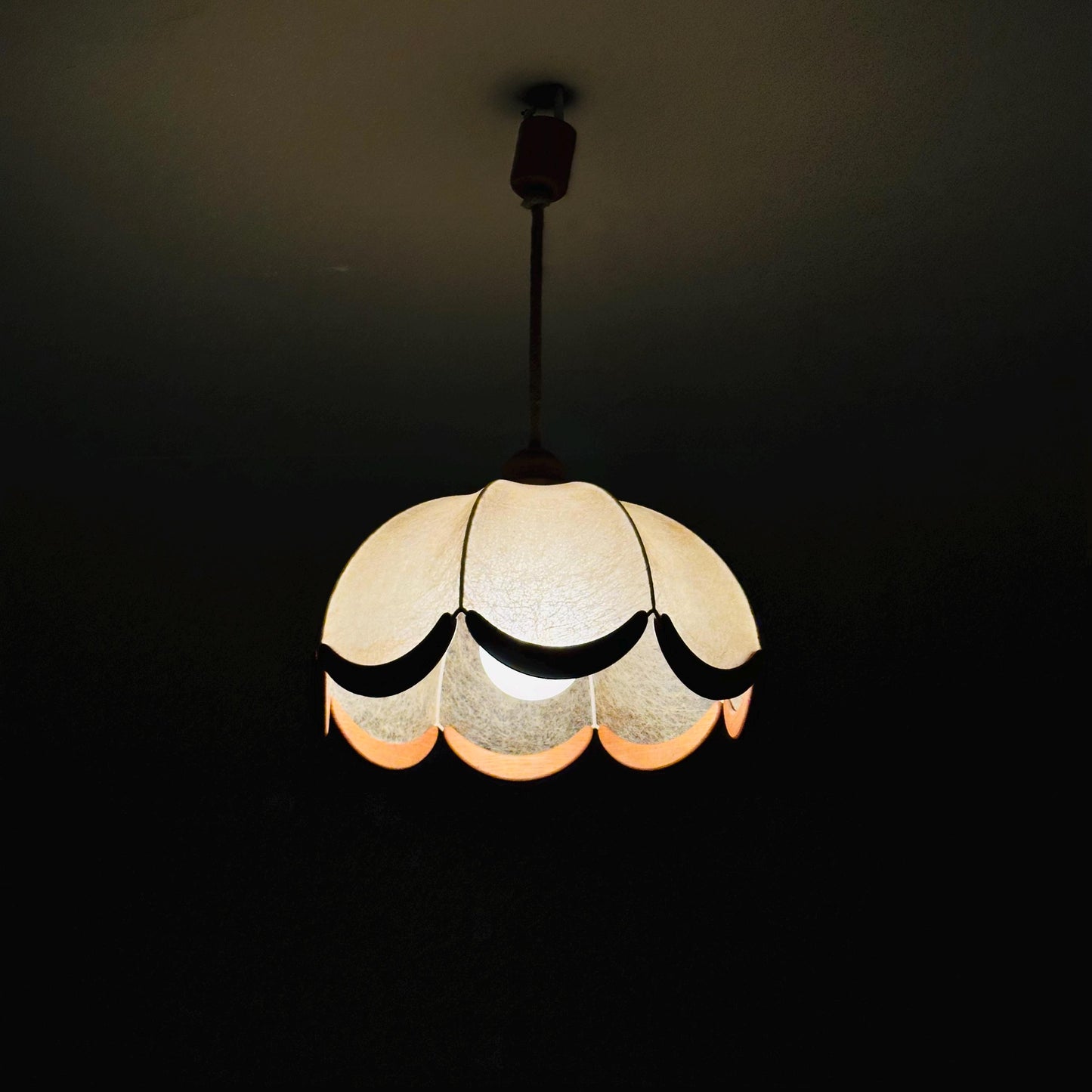 Mid century Scalloped, cocoon style Pendant Lamp with Wooden Accents 1960s