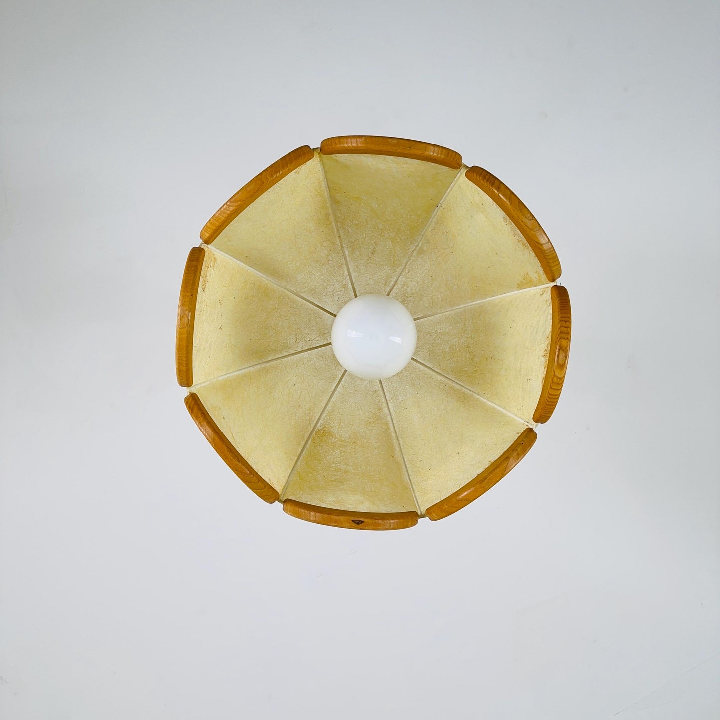 Mid century Scalloped, cocoon style Pendant Lamp with Wooden Accents 1960s