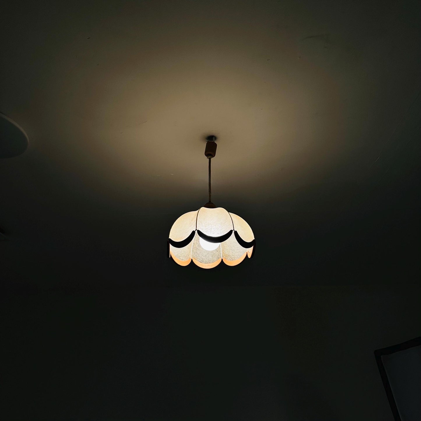Mid century Scalloped, cocoon style Pendant Lamp with Wooden Accents 1960s