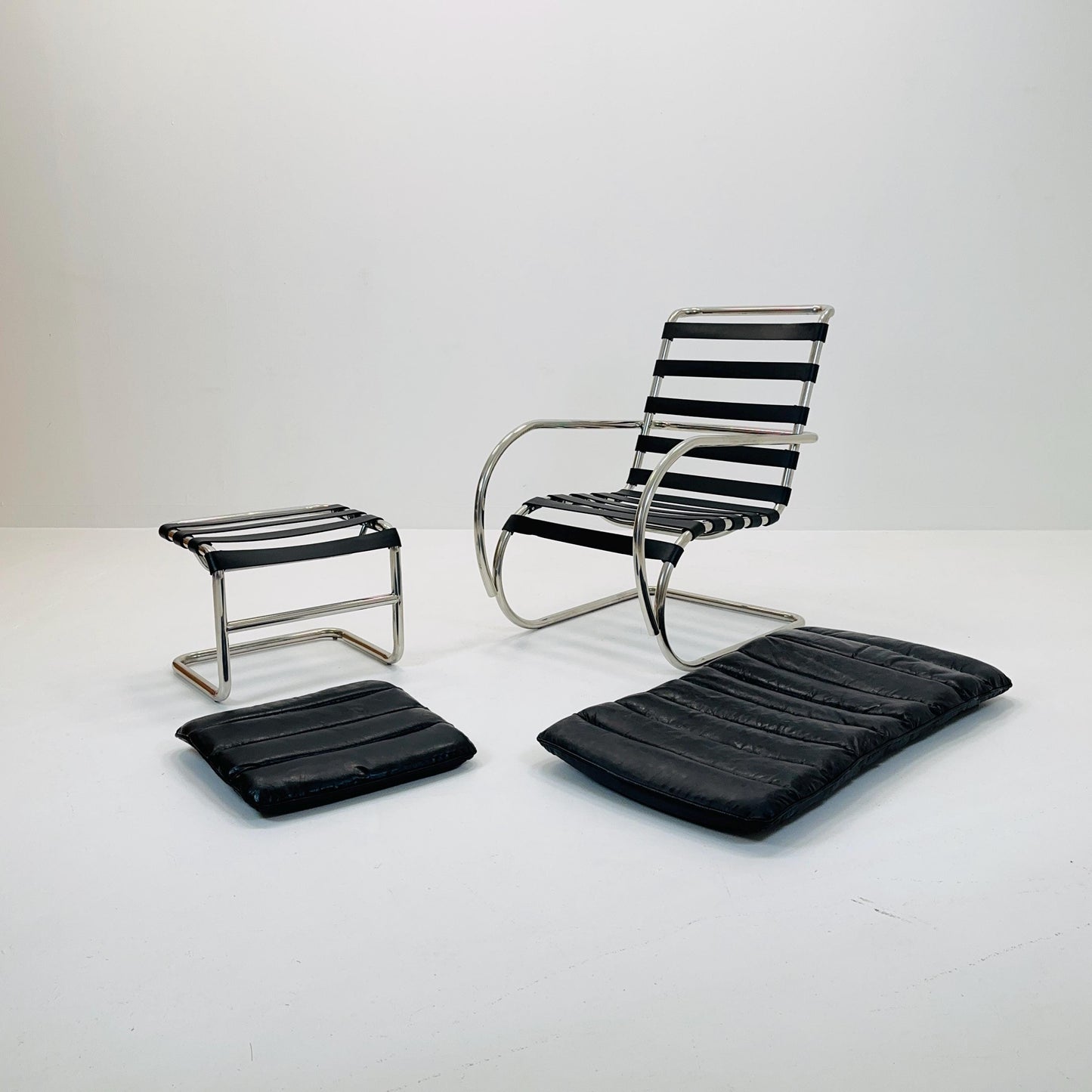 Bauhaus Mr Lounge tubular armchair with ottoman by Ludwig Mies Van Der Rohe ,Bauhaus 1980s