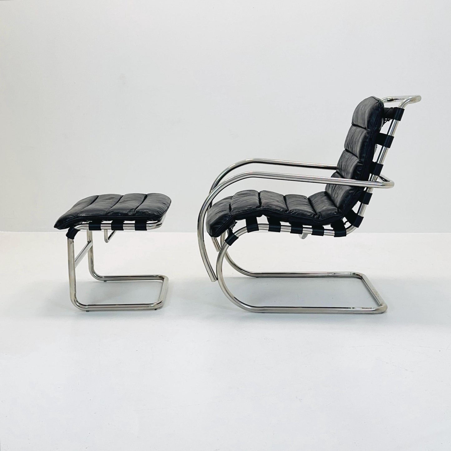 Bauhaus Mr Lounge tubular armchair with ottoman by Ludwig Mies Van Der Rohe ,Bauhaus 1980s
