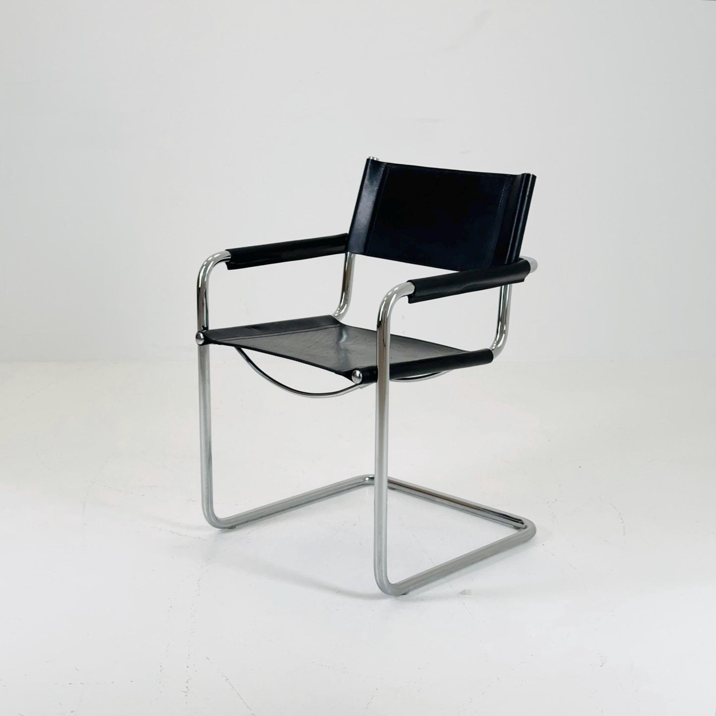 1 of 2 vintage B34 dark black color leather cantilevered chairs by Mart Stam for Jox Interni Italy 1980s