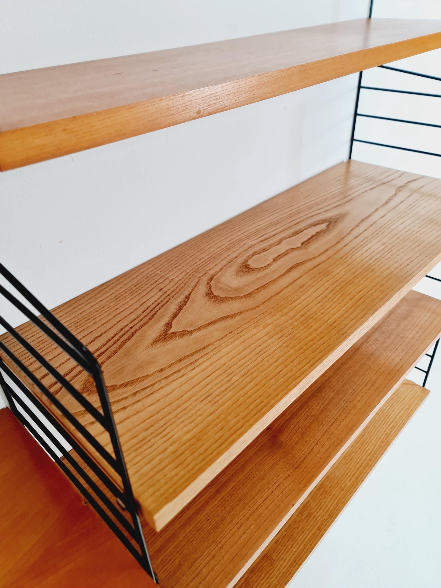 Wall-mounted original Swedish string shelf-system, drawers, bookcase Ash wood by Nils & Kajsa Strinning, 1960s