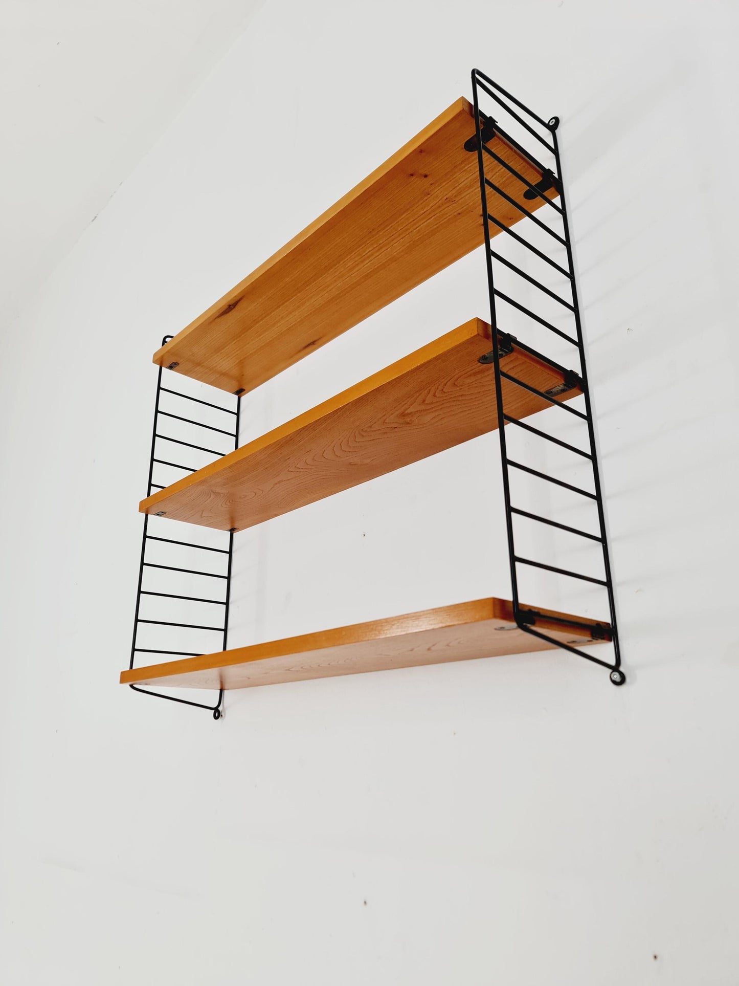 Original MCM Ash shelving system - consists of black lacquered metal ladders, from string Stockholm 1960s