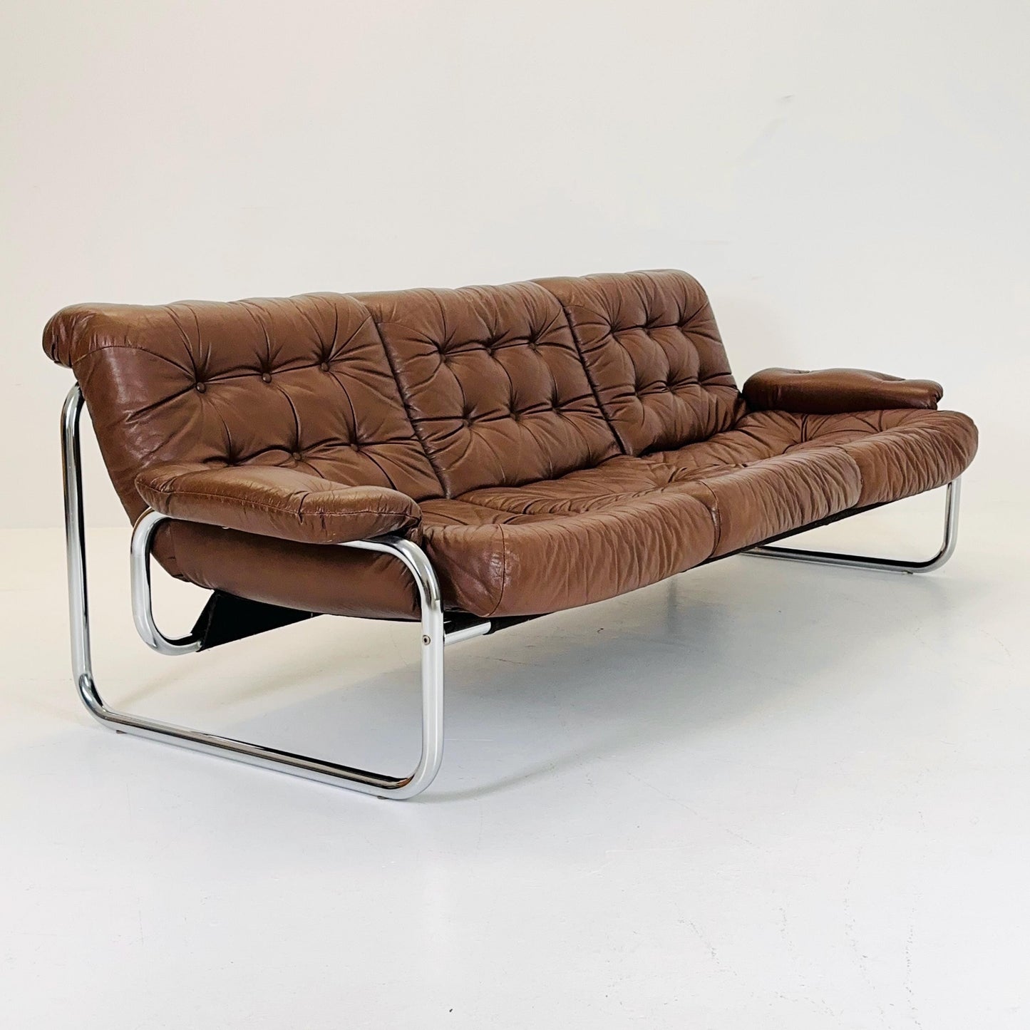 Mid century 3-Seater / tubular frame brown leather sofa "BORKUM" by Johan Bertil Häggström for Ikea 1970s